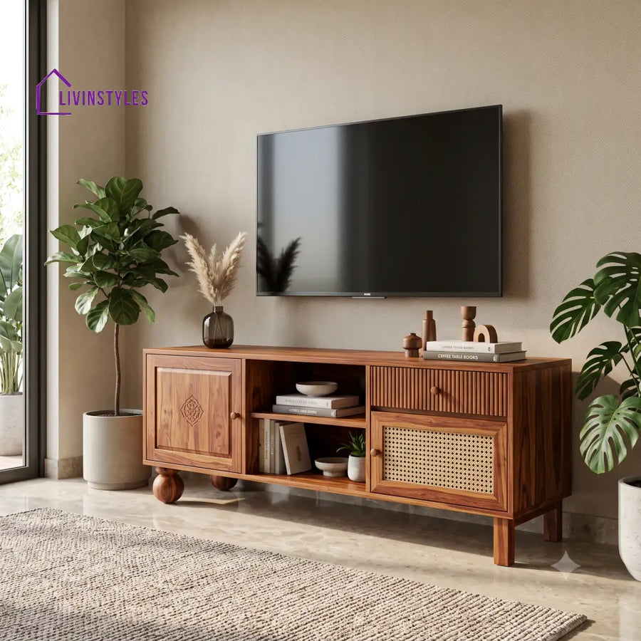 Ezhil Sheesham Wood TV Console With Spacious Storage Shelves
