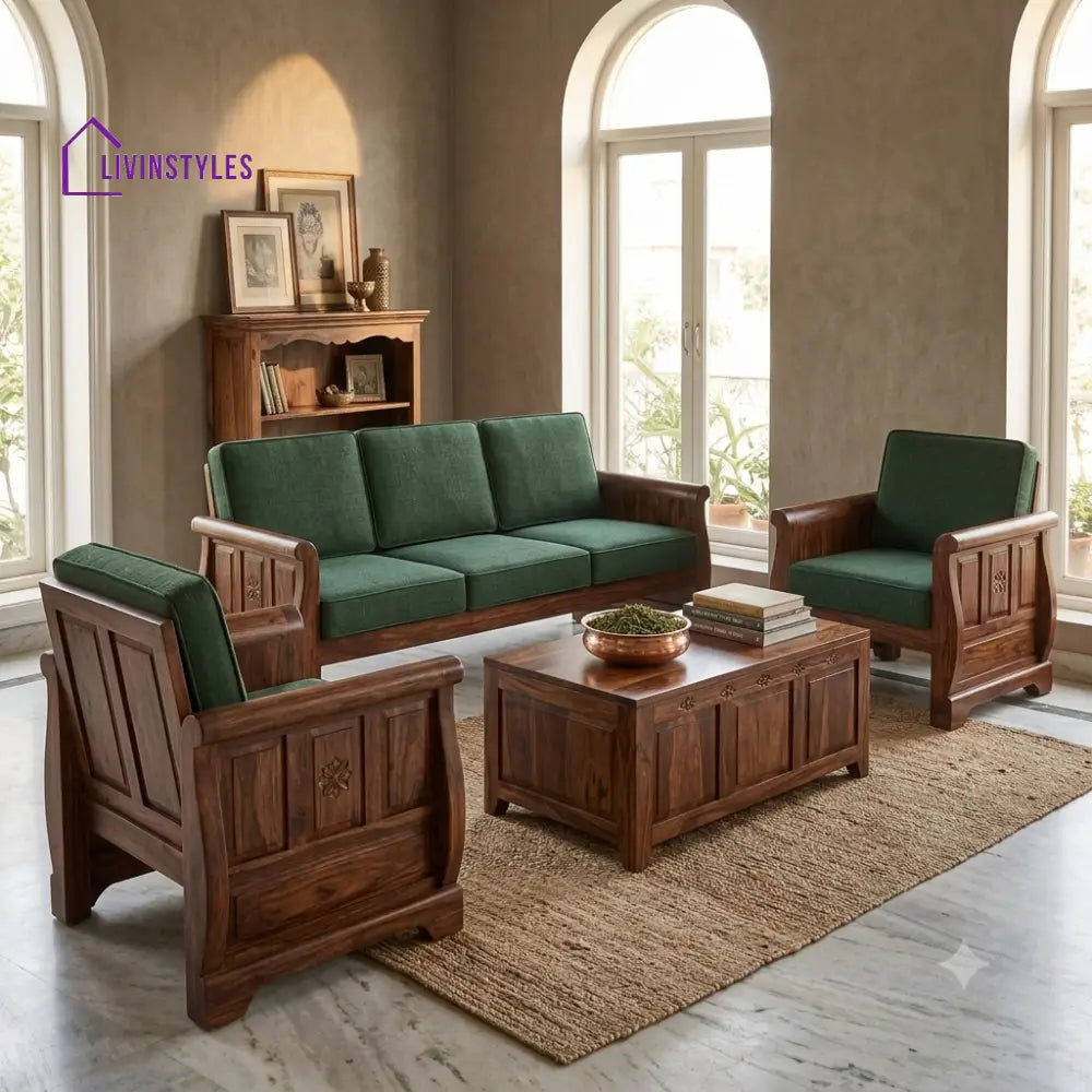 Ezhil Wooden Sofa Set | 3 + 1 + 1 Sheesham Wood Sofa Set for Living Room