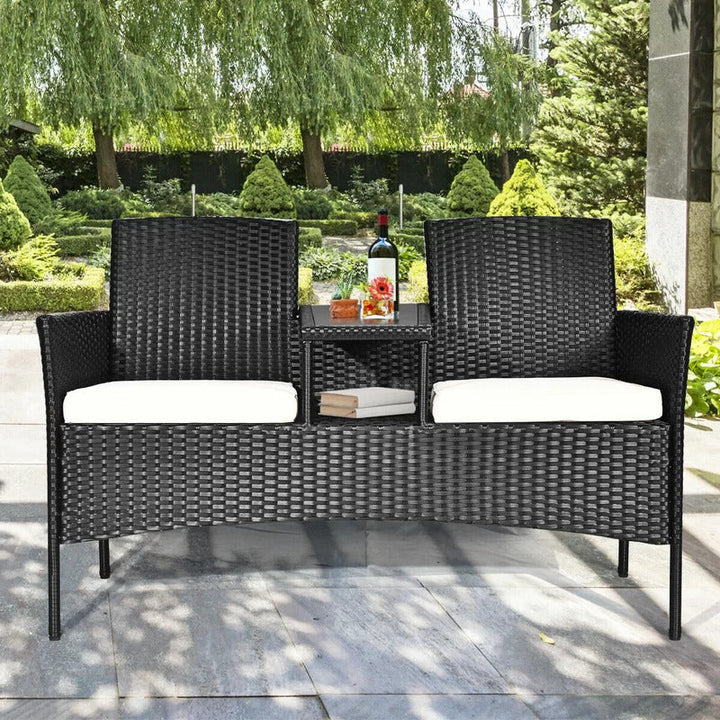 Dreamline Outdoor Furniture Garden Patio Seating Set of 2 Attached Chairs and Table Set Balcony Furniture Coffee Table Set(Black)