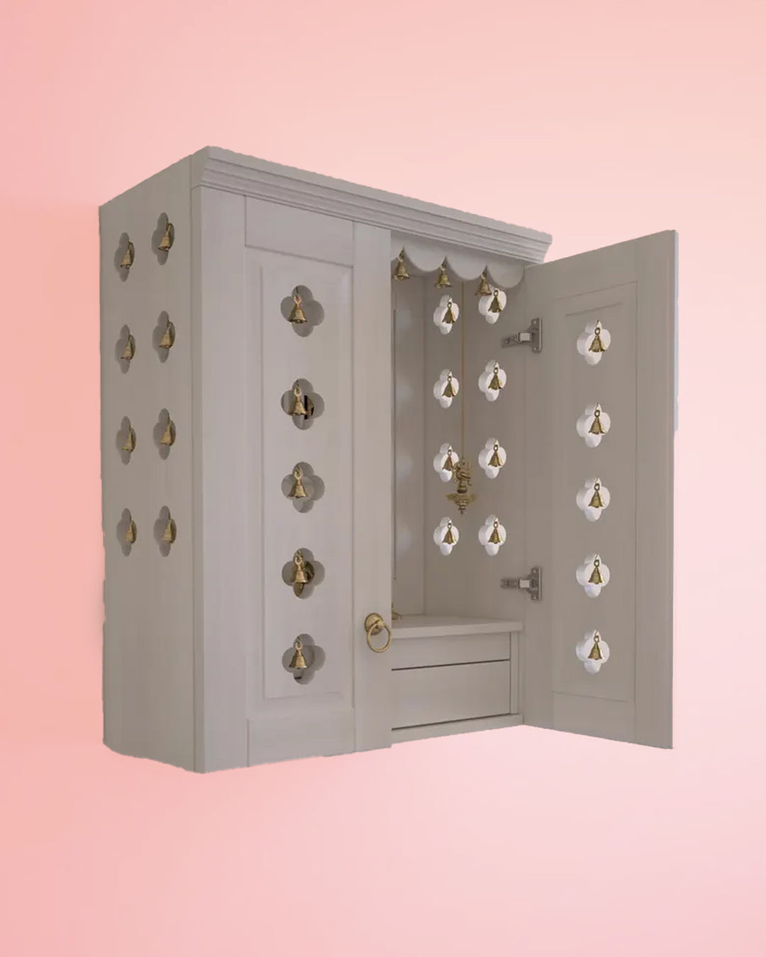 Elena - Traditional Pooja Mandir for Home with Doors, Brass Bells & Lamps | Handcrafted Wooden Home Temple
