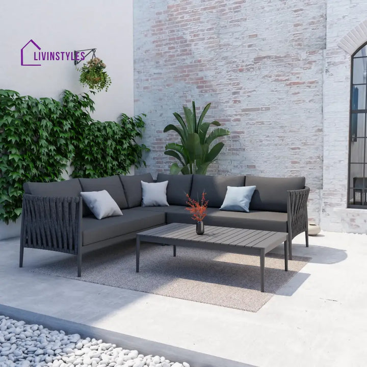 Fabian Outdoor Garden Balcony Sofa Set 5 Seater and 1 Center Table Set Braid & Rope (Dark Grey) - Sofa Sets