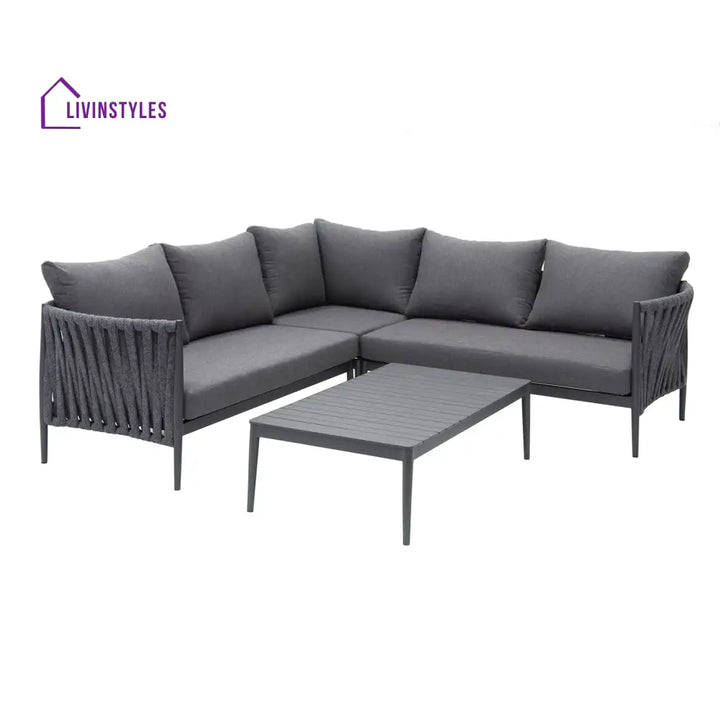 Fabian Outdoor Garden Balcony Sofa Set 5 Seater and 1 Center Table Set Braid & Rope (Dark Grey) - Sofa Sets