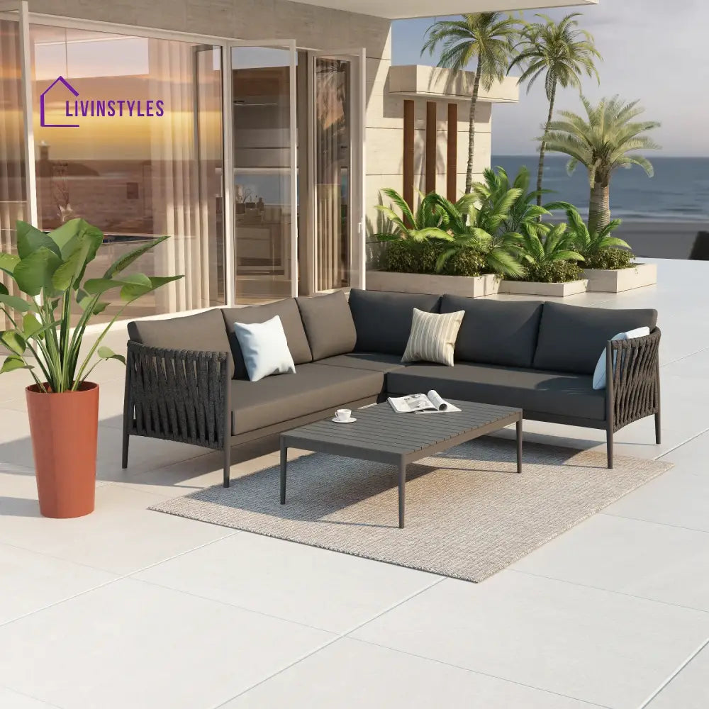 Fabian Outdoor Garden Balcony Sofa Set 5 Seater and 1 Center Table Set Braid & Rope (Dark Grey) - Sofa Sets