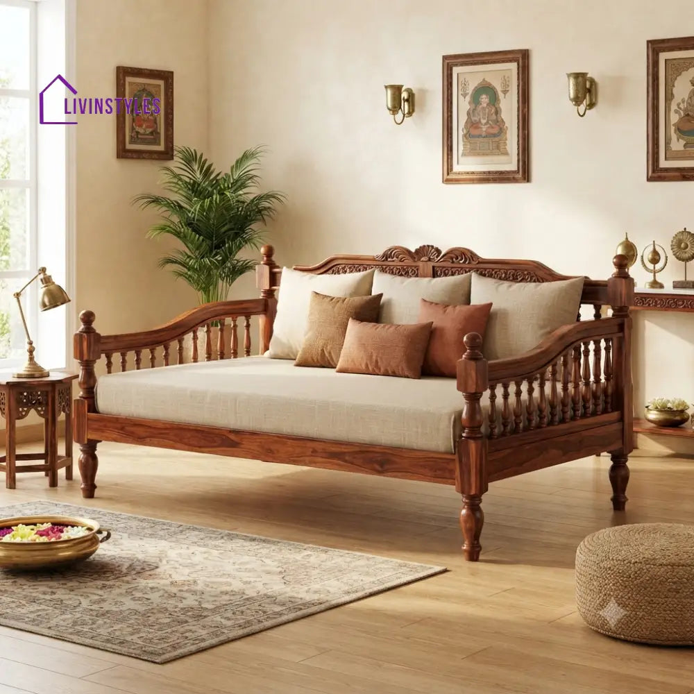 Fabien Wooden Divan Bed for Living Room | Solid Sheesham Wood