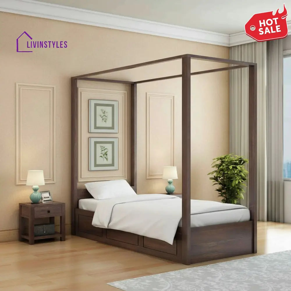 Fabiola Solid Sheesham Wood Single Bed With Box Storage (Walnut Finish) Bed