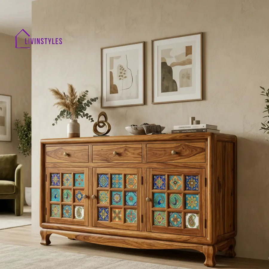 Faith Boho Sheesham Wood Storage Cabinet Sideboard With Three Drawers (Honey Finish)