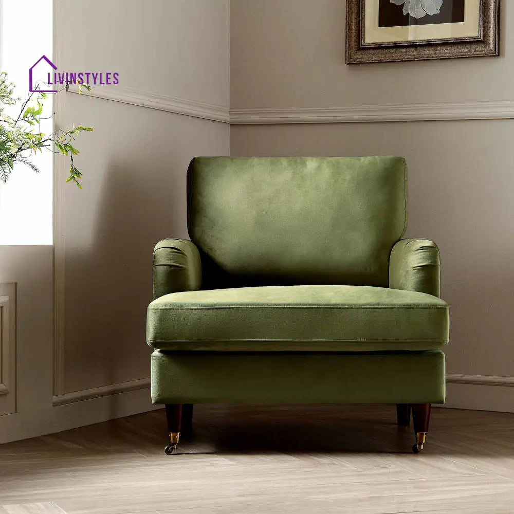Brigette Olive Green Velvet Armchair with Antique Brass Castor Legs Armchairs
