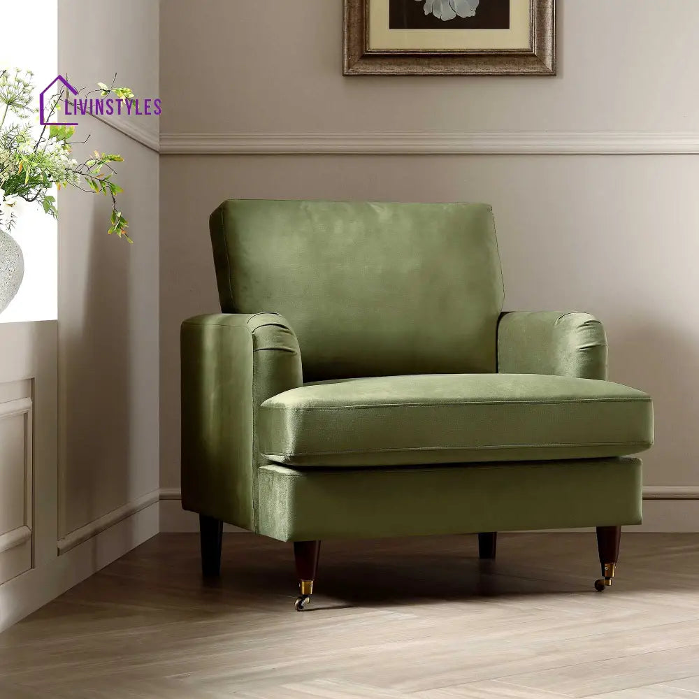Brigette Olive Green Velvet Armchair with Antique Brass Castor Legs Armchairs