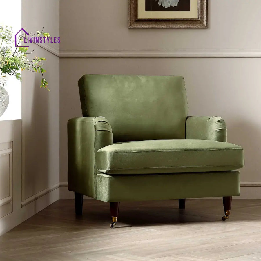 Brigette Olive Green Velvet Armchair with Antique Brass Castor Legs Armchairs