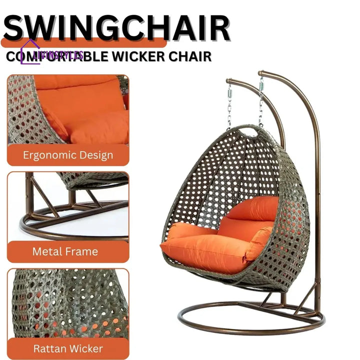 Fang Double Seater Hanging Swing Chair (Dark Brown/Orange) Swing