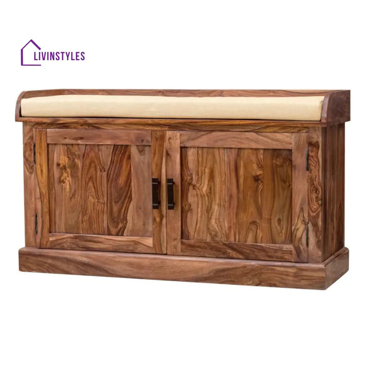 Fanish Sheesham Wood Shoe Rack 2 Doors and 2 Shelves with Seating