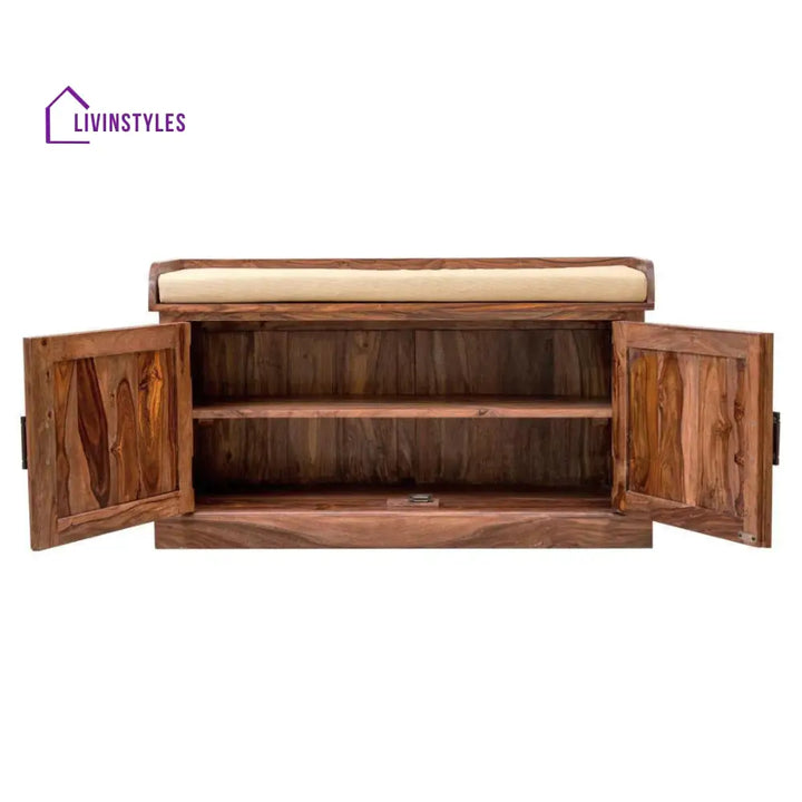 Fanish Sheesham Wood Shoe Rack 2 Doors and 2 Shelves with Seating