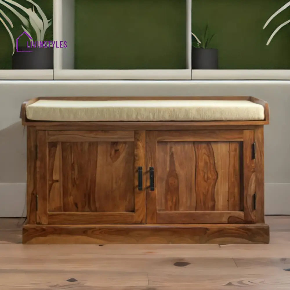 Fanish Sheesham Wood Shoe Rack 2 Doors and 2 Shelves with Seating