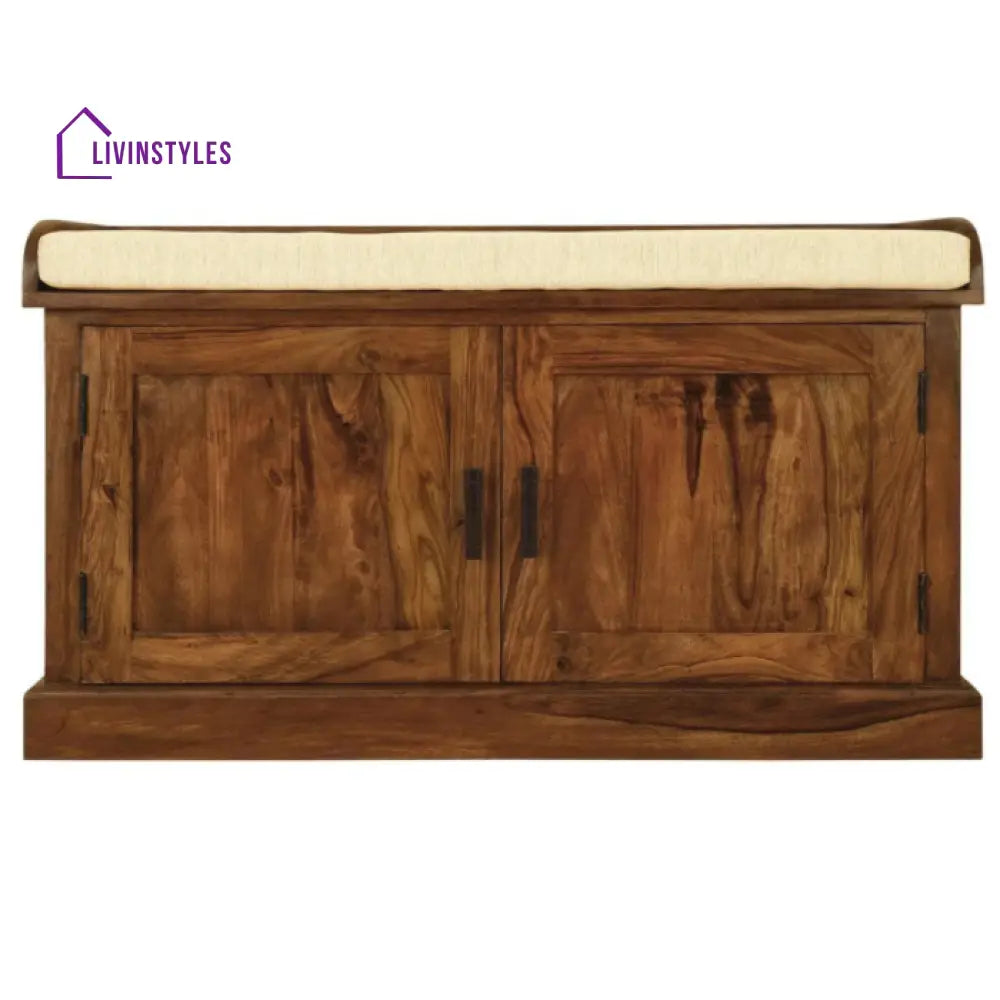Fanish Sheesham Wood Shoe Rack 2 Doors and 2 Shelves with Seating