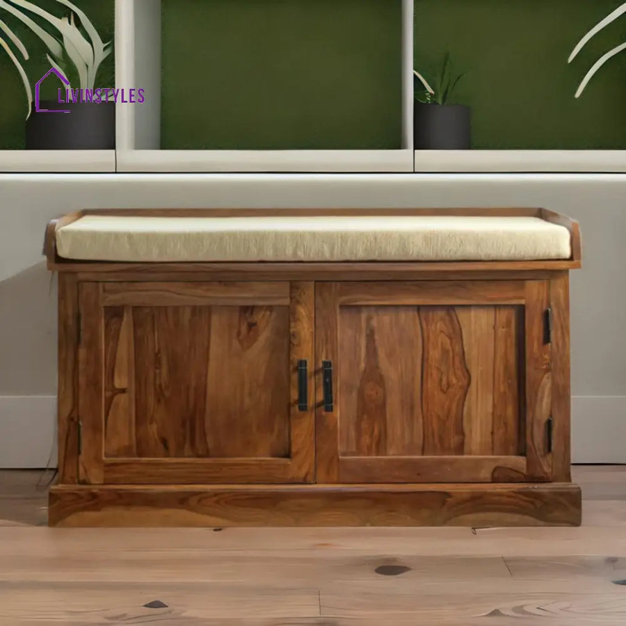 Fanish Sheesham Wood Shoe Rack 2 Doors and 2 Shelves with Seating