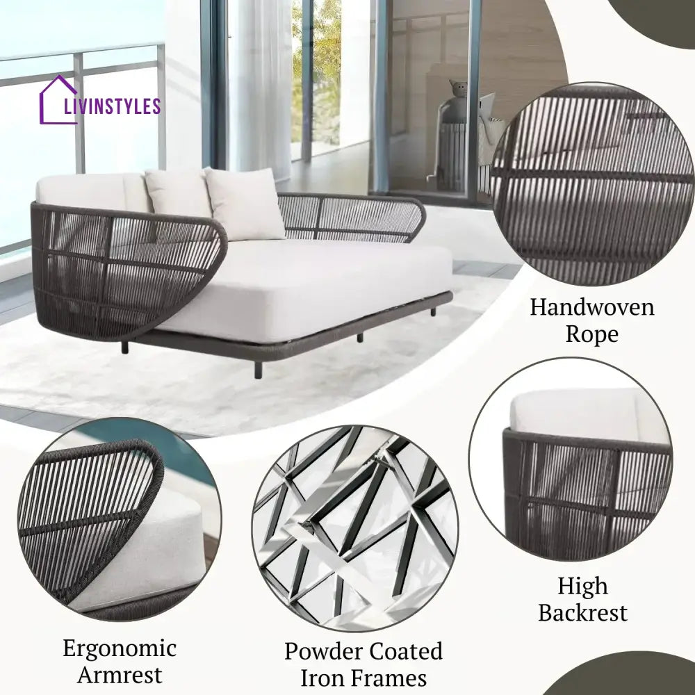 Faustina Outdoor Grey Rope Patio Daybed With Off-White Cushion - Daybed