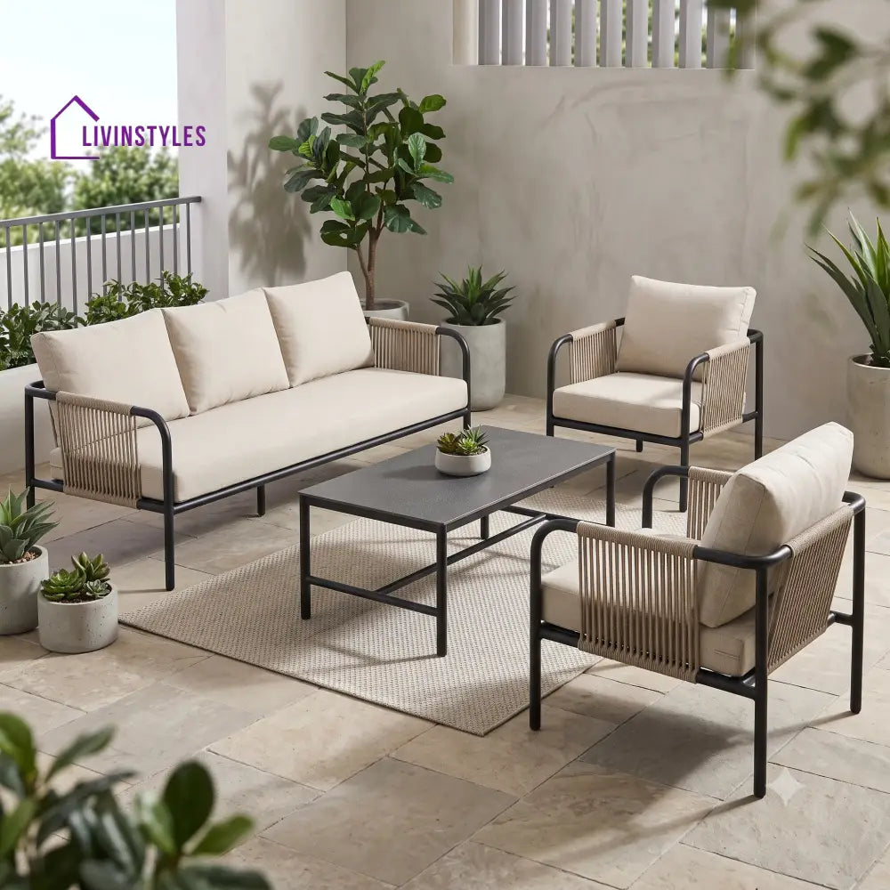 Faustine Metal Frame and Rope Weaving Outdoor Sofa Set 3 + 1 +1 and Coffee Table | Premium Uphostery