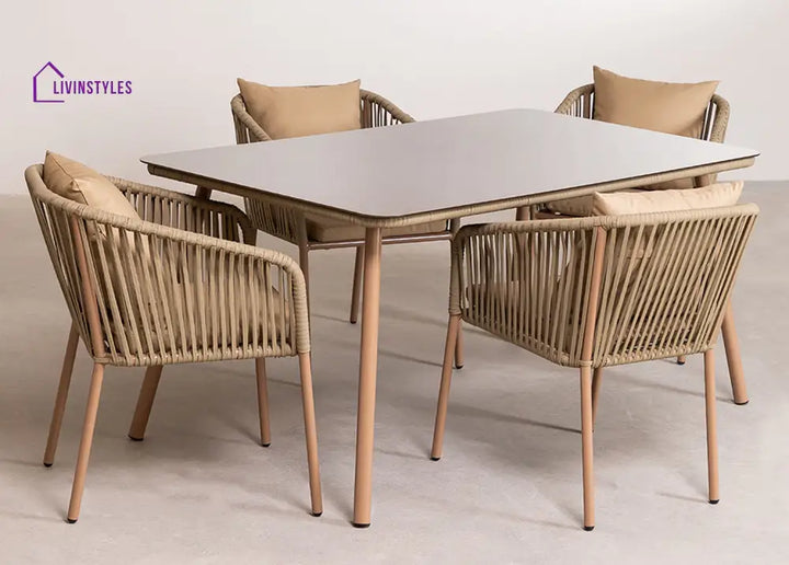 Faustino Outdoor Patio Dining Seating Set 4 Chairs and 1 Table Set Braided & Rope - Brown - Coffee Table Sets