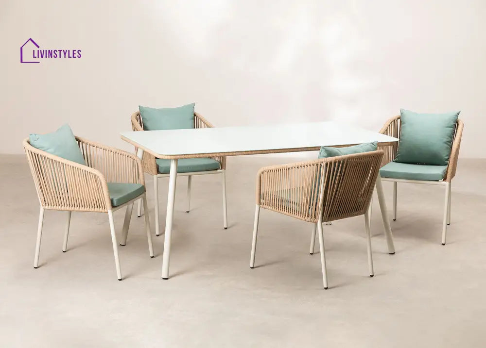 Faustino Outdoor Patio Dining Seating Set 4 Chairs and 1 Table Set Braided & Rope - Green - Coffee Table Sets