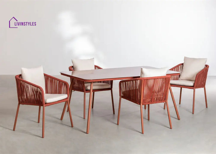 Faustino Outdoor Patio Dining Seating Set 4 Chairs and 1 Table Set Braided & Rope - Red - Coffee Table Sets