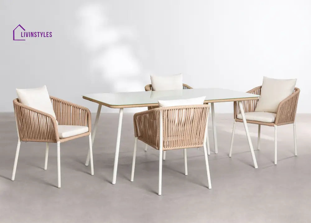 Faustino Outdoor Patio Dining Seating Set 4 Chairs and 1 Table Set Braided & Rope - White - Coffee Table Sets