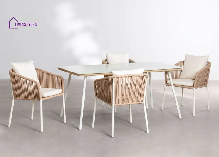 Faustino Outdoor Patio Dining Seating Set 4 Chairs and 1 Table Set Braided & Rope - White - Coffee Table Sets