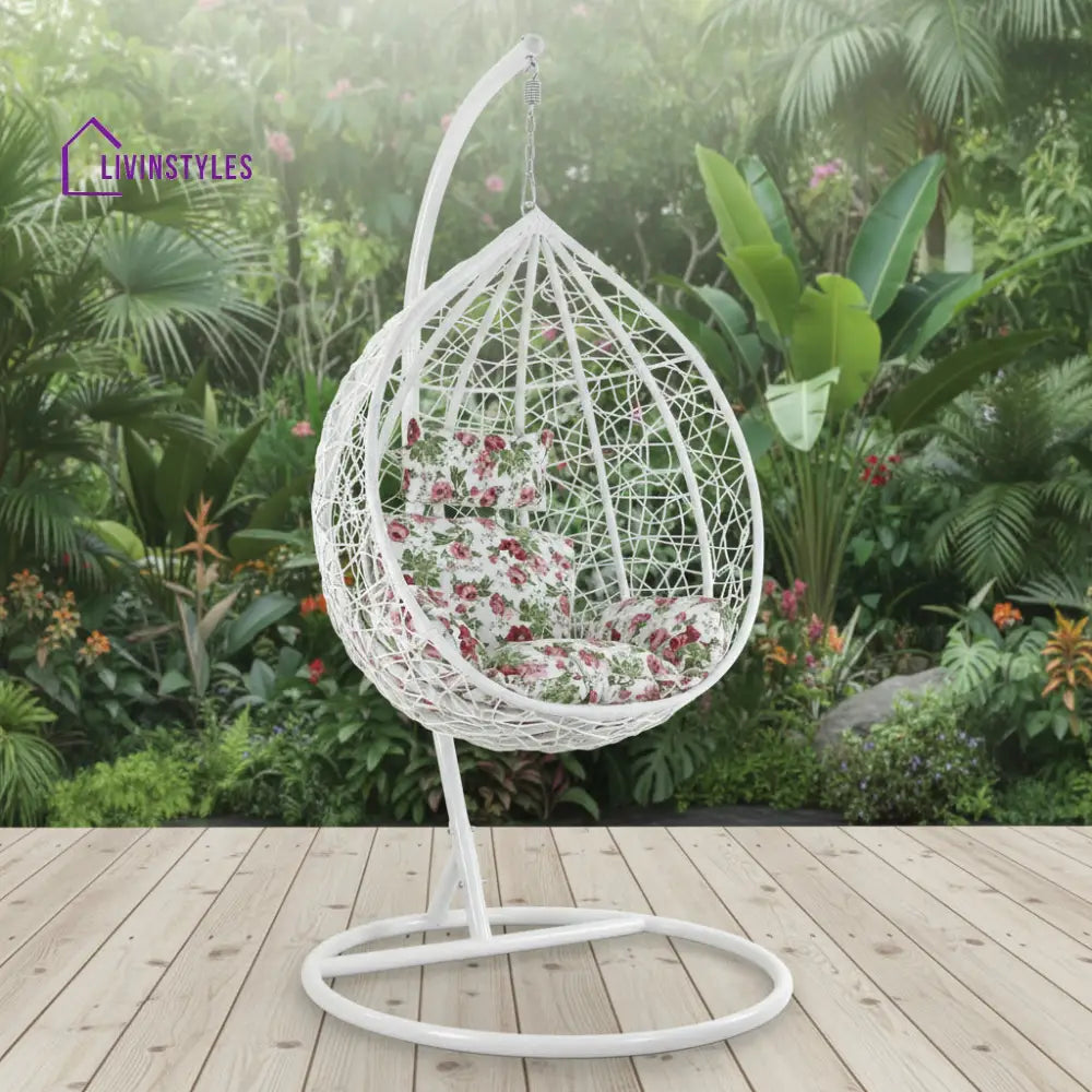Faustino Single Seater Hanging Swing With Stand For Balcony Garden Swing (White) - Floral - Swings
