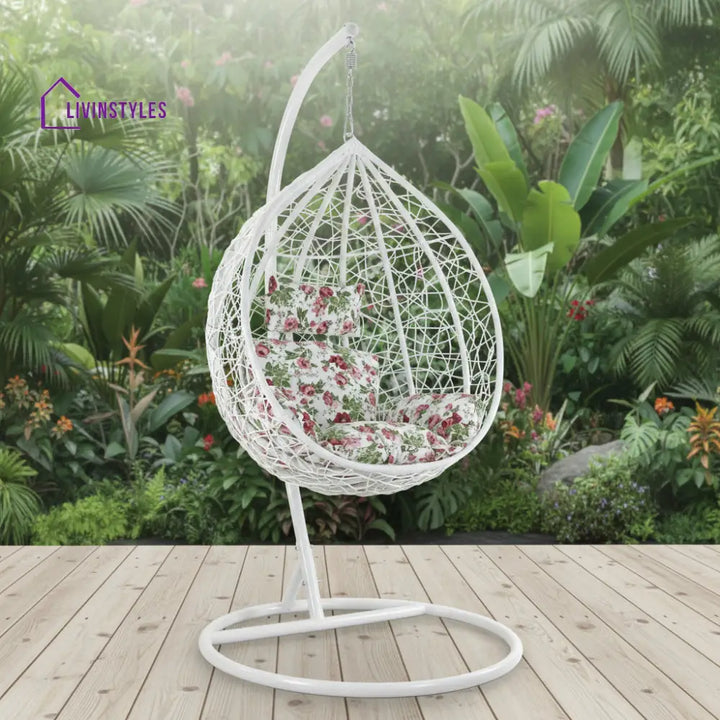 Faustino Single Seater Hanging Swing With Stand For Balcony Garden Swing (White) - Floral - Swings