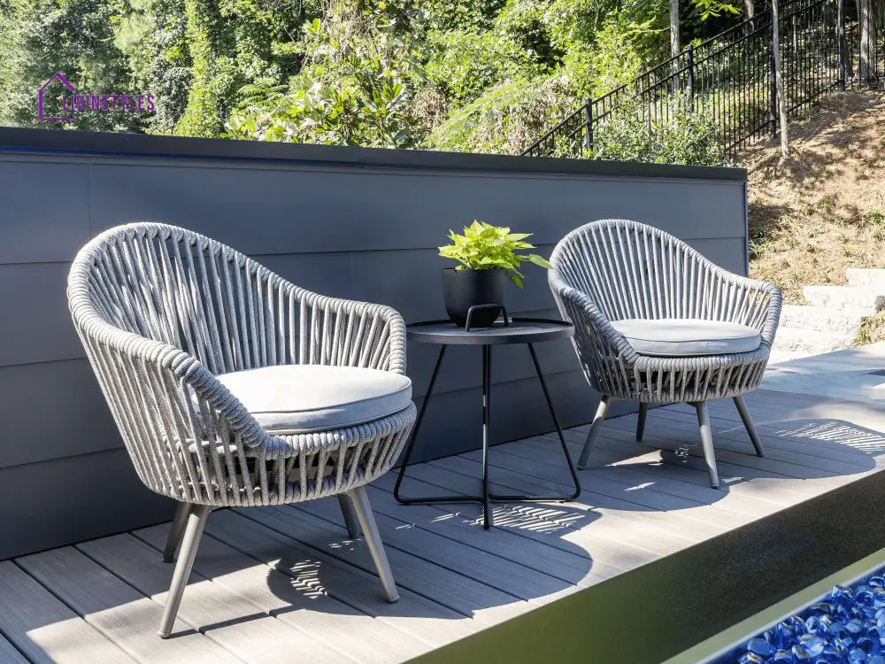 Faux Outdoor Patio Seating Set 2 Chairs and 1 Table Setc(Grey) Braided & Rope - Coffee Table Sets
