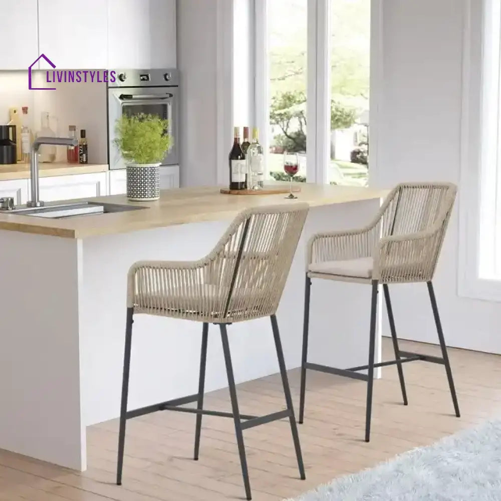 Feliciano Outdoor Patio Seating Set 2 Chairs Set Braided And Rope - Beige - Bar Sets