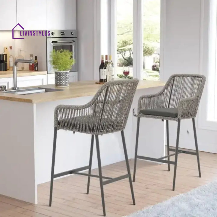 Feliciano Outdoor Patio Seating Set 2 Chairs Set Braided And Rope - Grey - Bar Sets