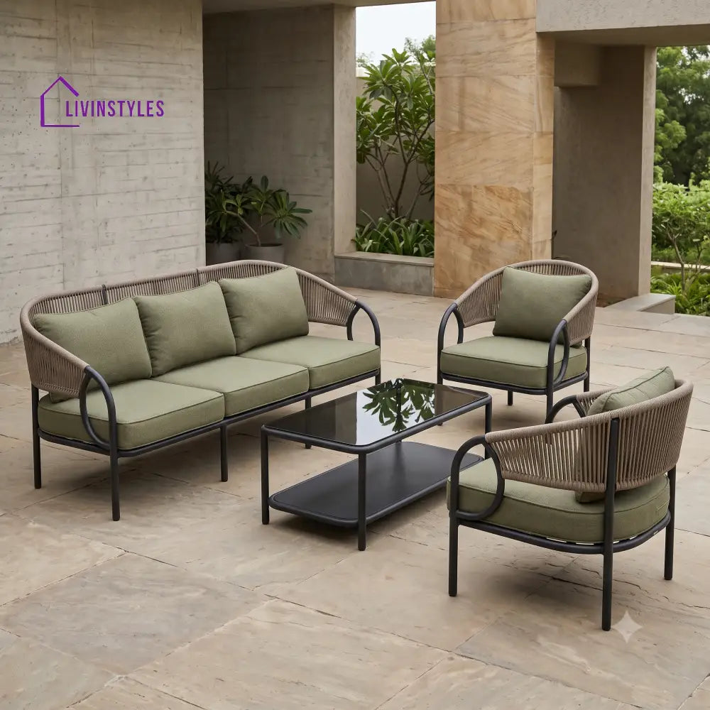 Felicie Metal Frame and Rope Weaving Outdoor Sofa Set 3 + 1 +1 and Coffee Table | Premium Uphostery