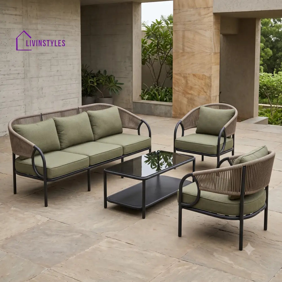 Felicie Metal Frame and Rope Weaving Outdoor Sofa Set 3 + 1 +1 and Coffee Table | Premium Uphostery