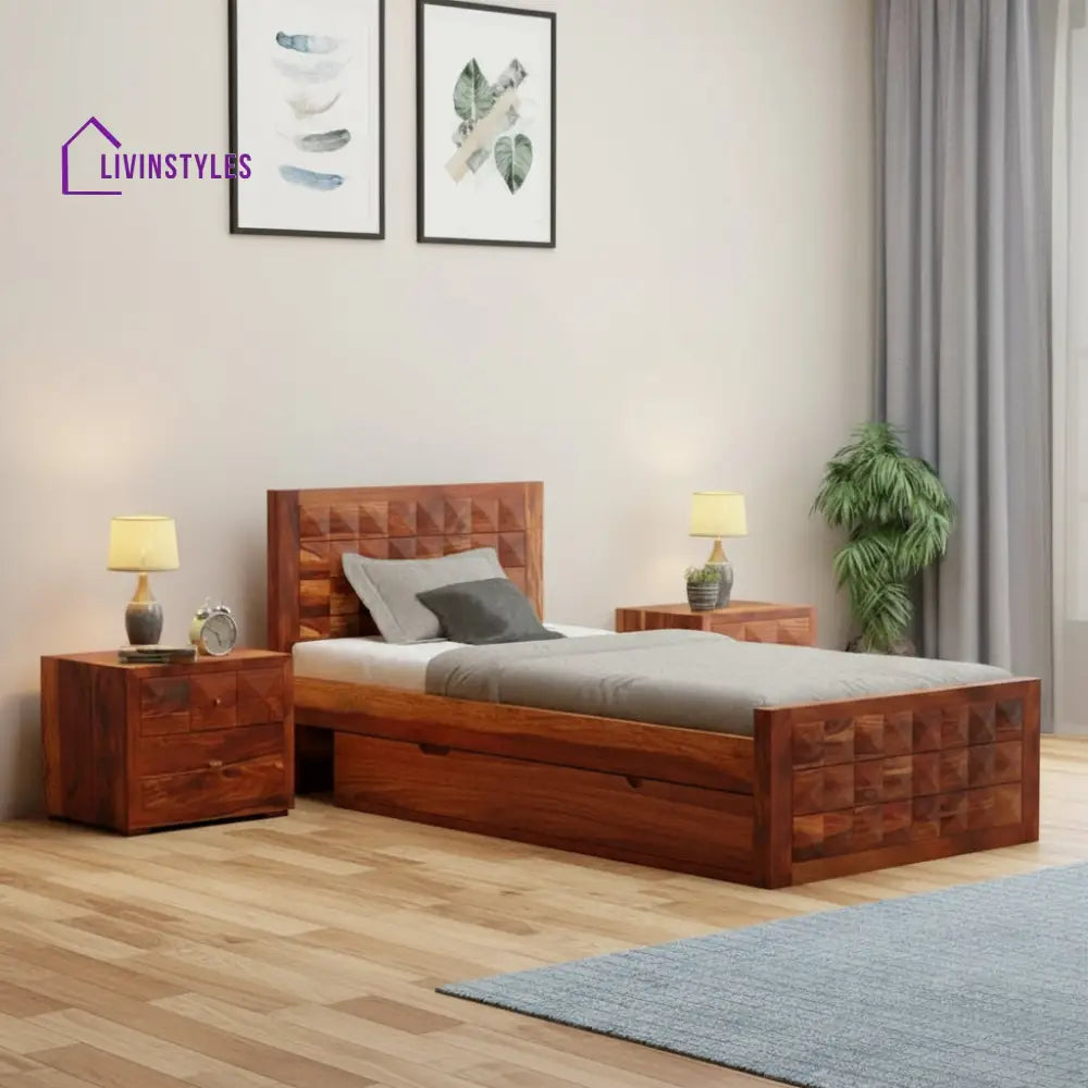 Felisa Solid Sheesham Wood Single Bed With One Drawer (Natural Finish) Bed