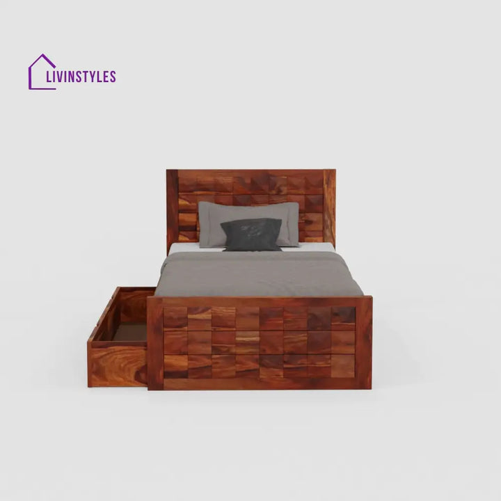 Felisa Solid Sheesham Wood Single Bed With One Drawer (Natural Finish) Bed