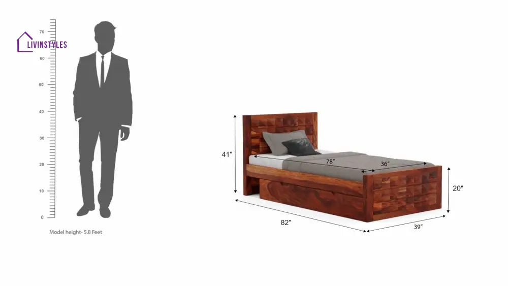 Felisa Solid Sheesham Wood Single Bed With One Drawer (Natural Finish) Bed