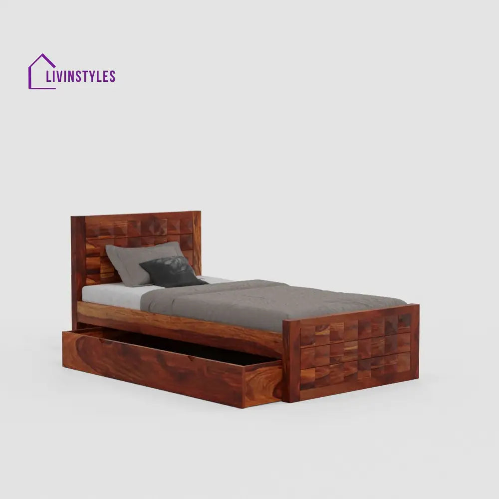 Felisa Solid Sheesham Wood Single Bed With One Drawer (Natural Finish) Bed