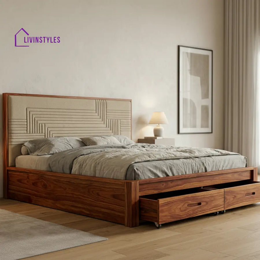 Felix Premium Sheesham Wood Bed with Fabric Headboard