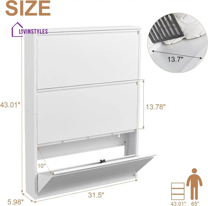 Feodora White Metal Shoe Rack | Slim Shoe Rack for Home | Wall Mounted Shoe Rack