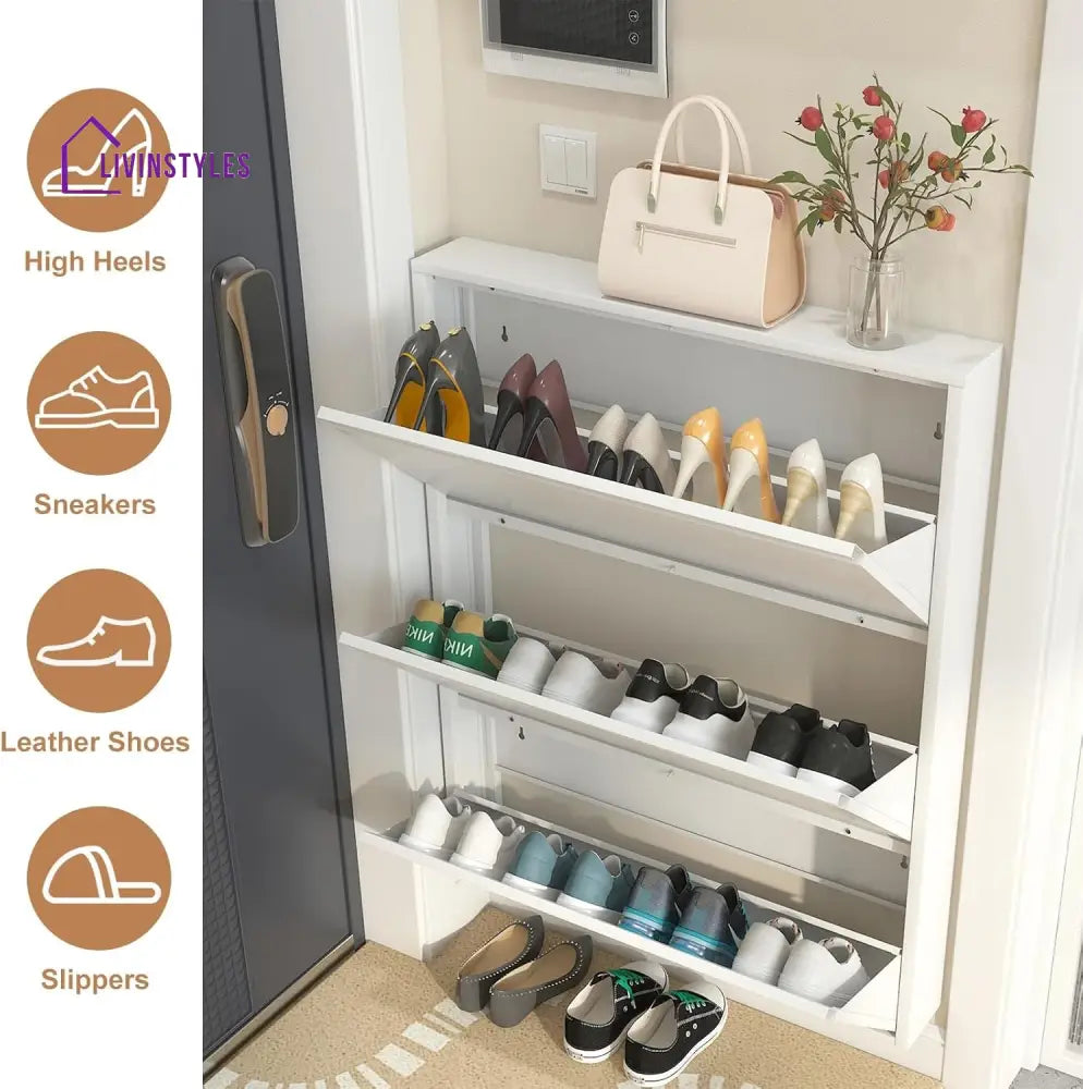 Feodora White Metal Shoe Rack | Slim Shoe Rack for Home | Wall Mounted Shoe Rack