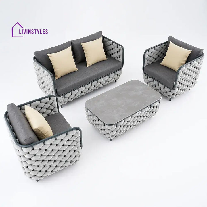Fepel Outdoor Garden Balcony Sofa Set 2 Seater 2 Single seater and 1 Center Table Set Braid & Rope (Grey) - Sofa Sets