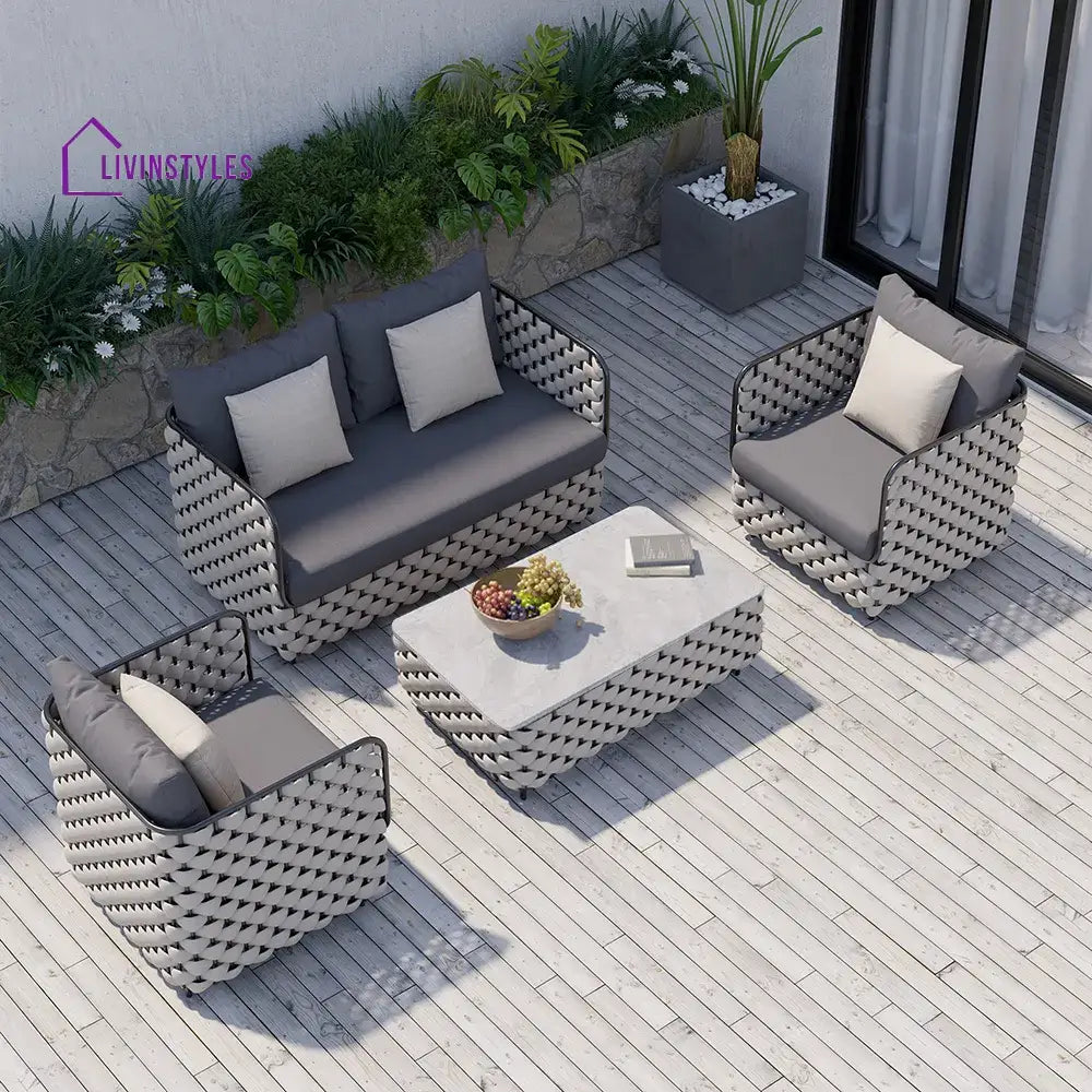 Fepel Outdoor Garden Balcony Sofa Set 2 Seater 2 Single seater and 1 Center Table Set Braid & Rope (Grey) - Sofa Sets