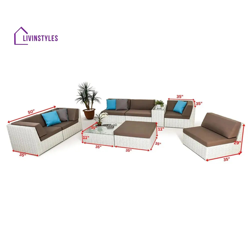 Ferri Outdoor Patio Sofa Set 6 Chairs 1 Footstool 1 Side table and 1 Center Table (Off White) - Sofa Sets