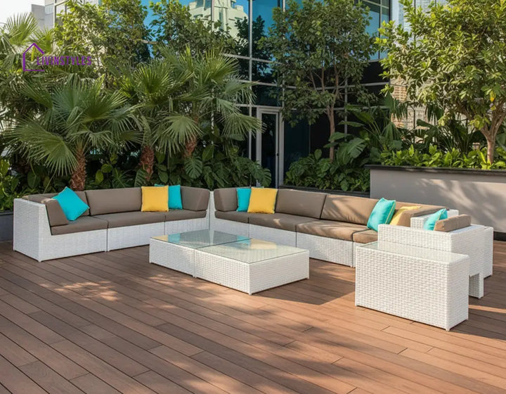 Ferri Outdoor Patio Sofa Set 6 Chairs 1 Footstool 1 Side table and 1 Center Table (Off White) - Sofa Sets