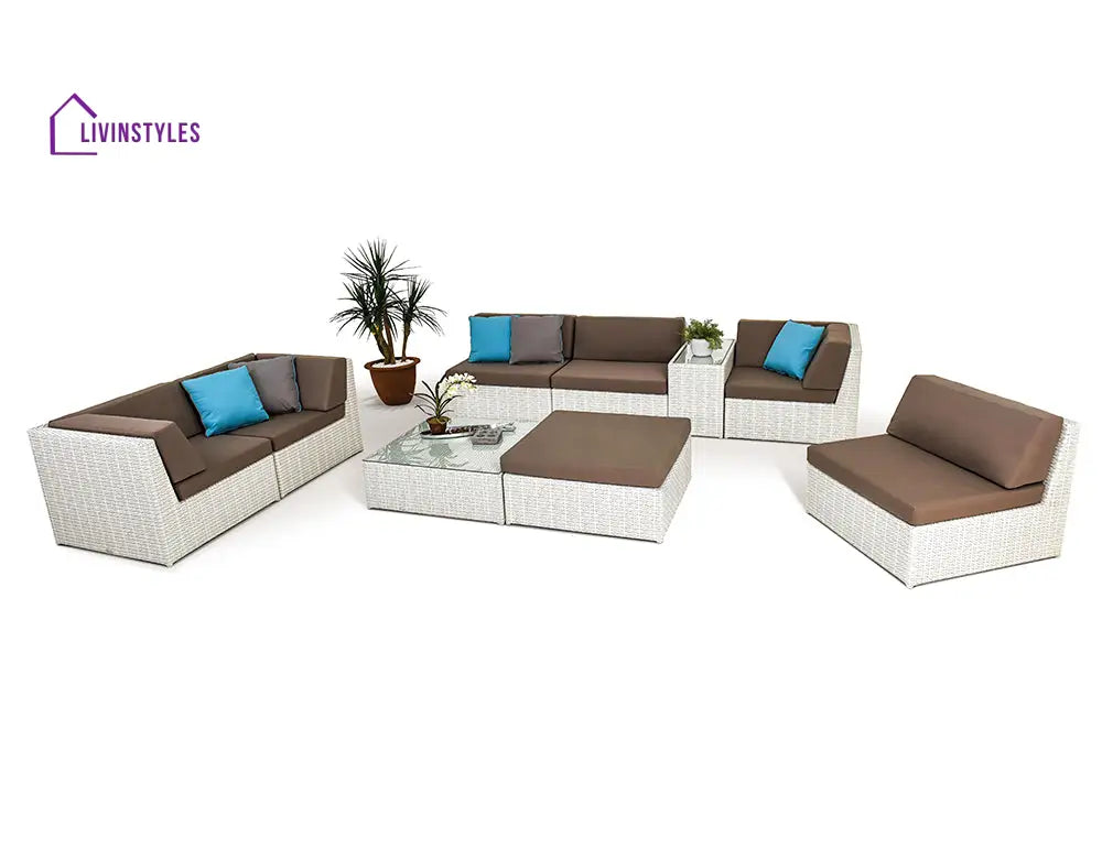 Ferri Outdoor Patio Sofa Set 6 Chairs 1 Footstool 1 Side table and 1 Center Table (Off White) - Sofa Sets