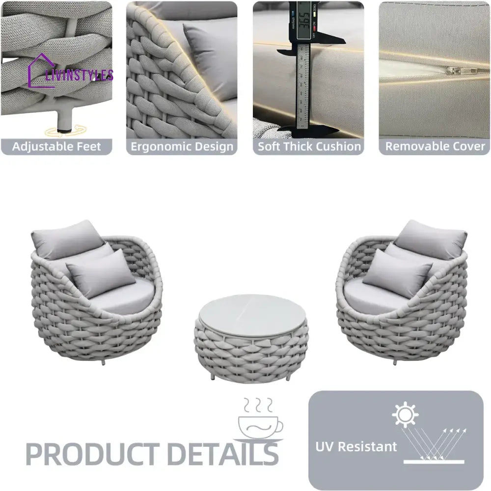 Fiae Outdoor Patio Seating Set 2 Chairs and 1 Table Set (Light Grey) Braided & Rope - Coffee Table Sets