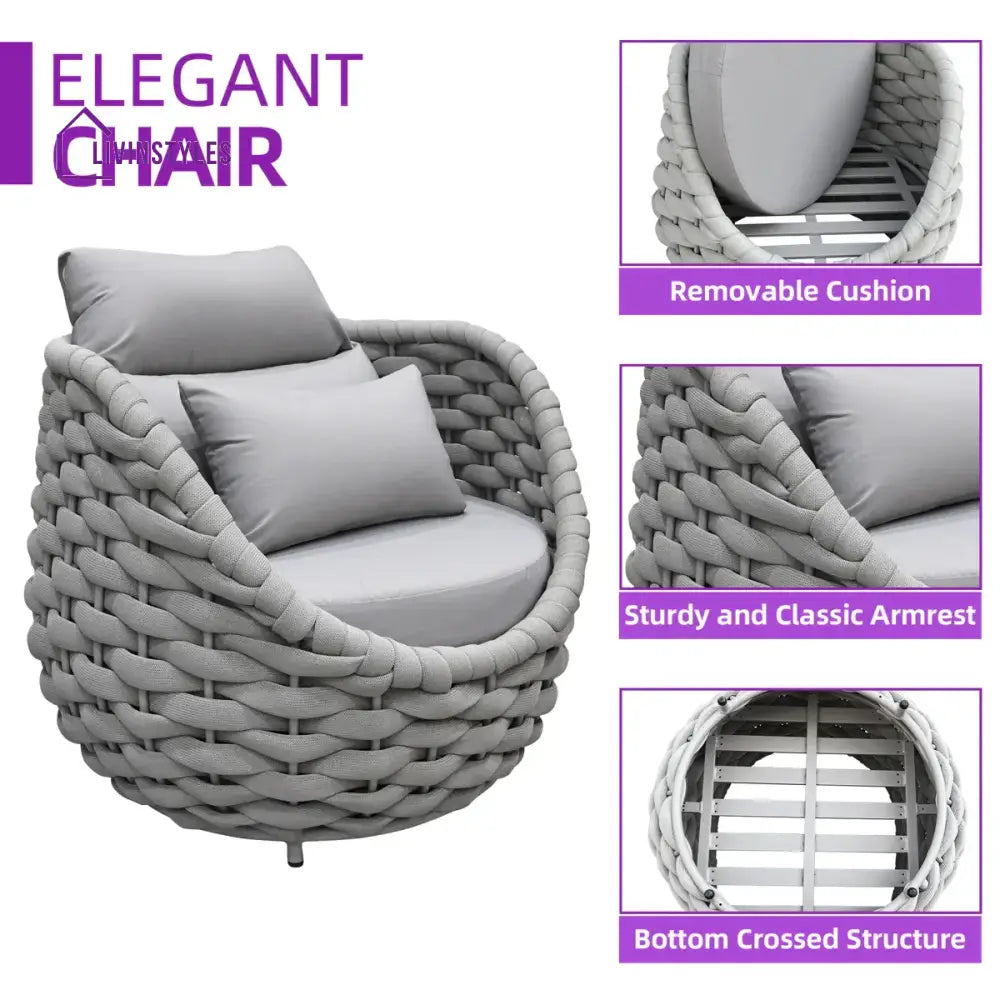 Fiae Outdoor Patio Seating Set 2 Chairs and 1 Table Set (Light Grey) Braided & Rope - Coffee Table Sets