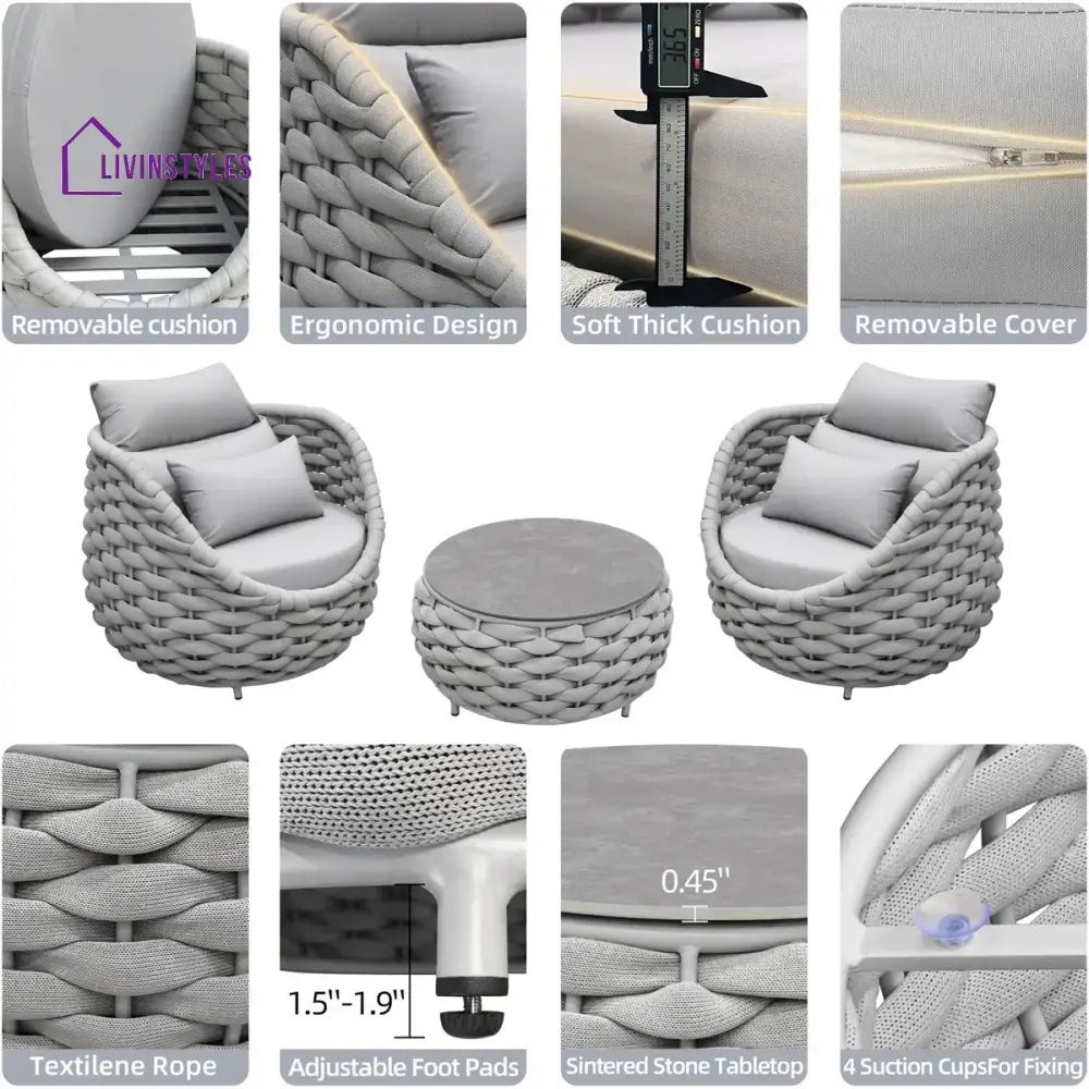 Fiae Outdoor Patio Seating Set 2 Chairs and 1 Table Set (Light Grey) Braided & Rope - Coffee Table Sets