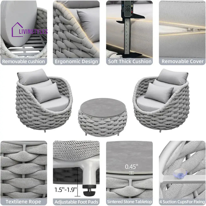 Fiae Outdoor Patio Seating Set 2 Chairs and 1 Table Set (Light Grey) Braided & Rope - Coffee Table Sets