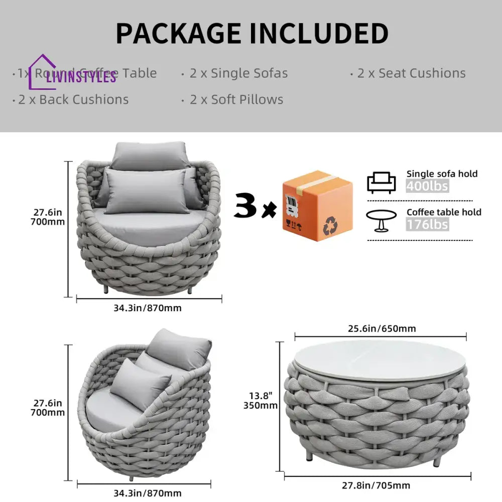 Fiae Outdoor Patio Seating Set 2 Chairs and 1 Table Set (Light Grey) Braided & Rope - Coffee Table Sets